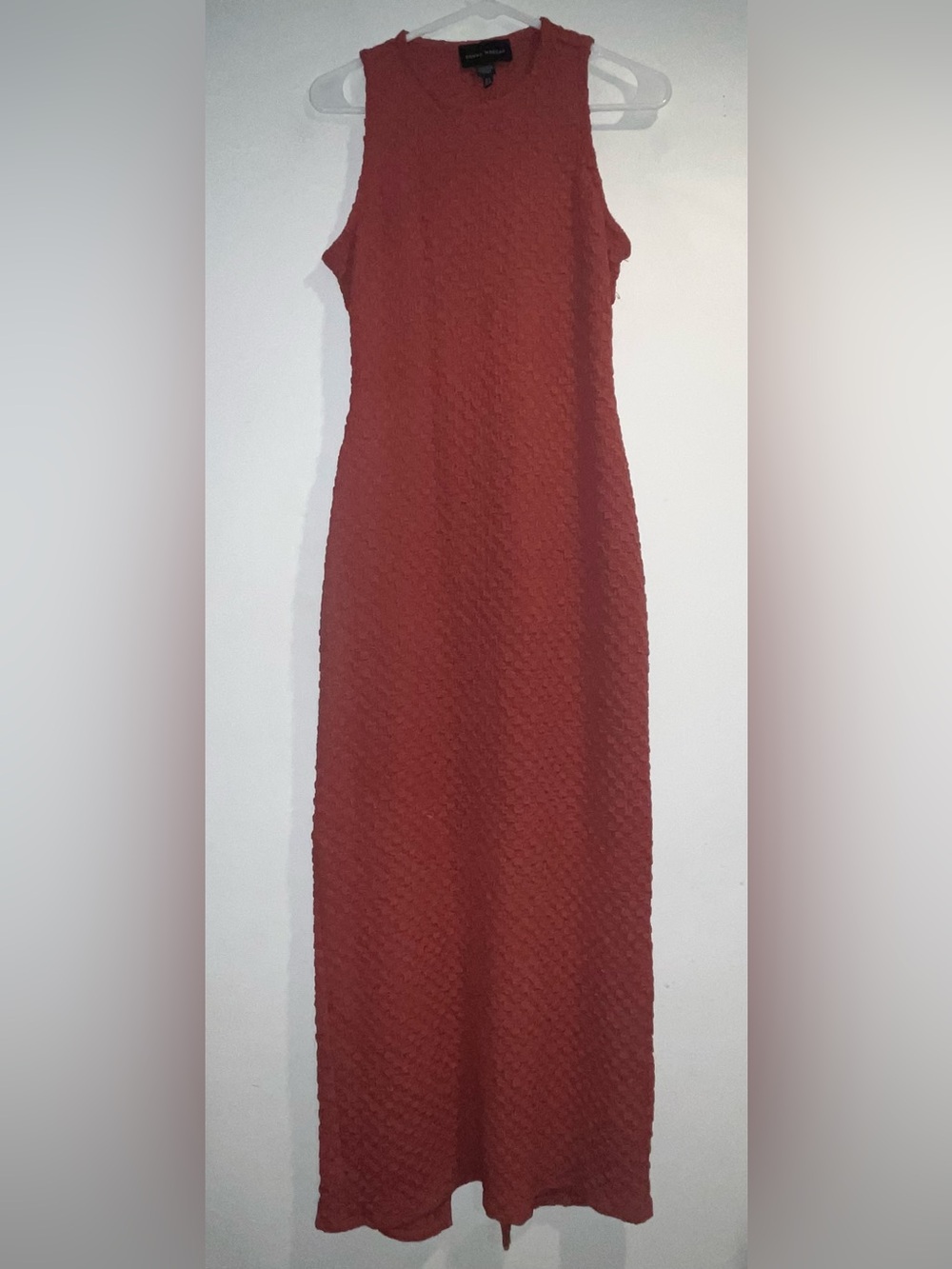 DONNA MORGAN Open-back popcorn knit midi dress in dusty cedar pink